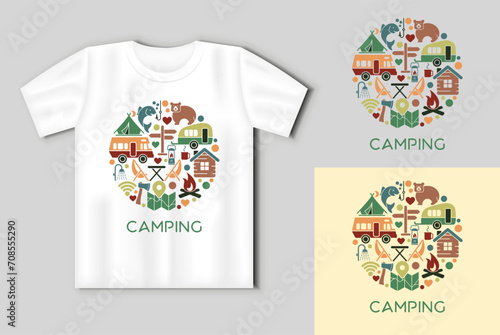 Flat icons in the circle shape on the theme of camping and outdoor recreation. Vector concept with t-shirt mockup
