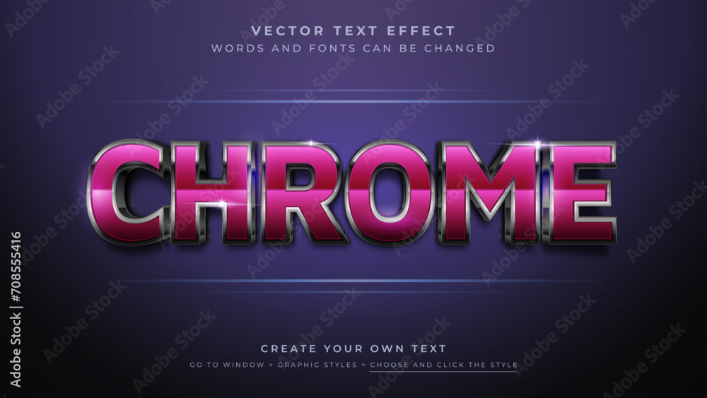 Vector Editable 3D chrome text effect. Shiny metallic emblem graphic style on abstract blue background