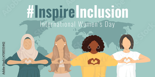 #InspireInclusion 2024 campaign. Diverse race group of women hand gesture as heart shape to stop gender discrimination. The International Women's Day faseless vector banner, poster, flyer. 