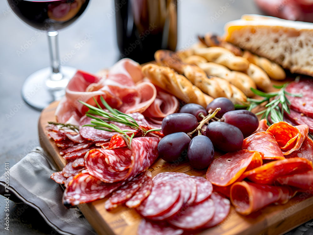 Charcuterie board with a glass of red wine on dark wooden table, close up. Gourmet selection of meats, cheese, and grapes with glass of red wine. Festive appetizers platter with wine, finger food