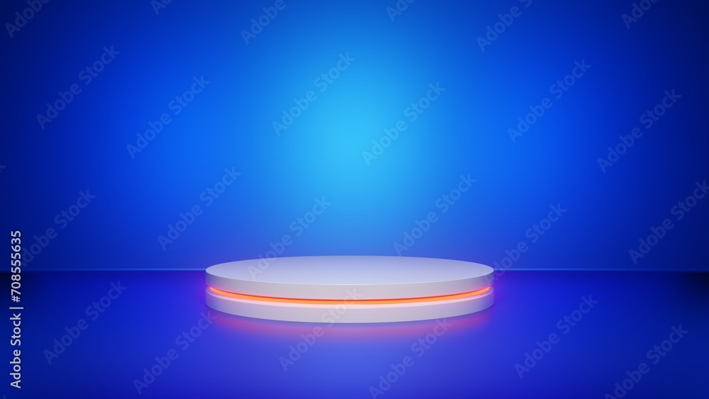 Display stand on blue background. 3d podium in neon colors and gradient. Display stand on blue background. 3d podium in neon colors and gradient.