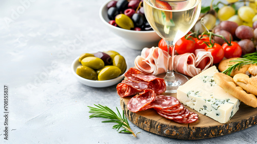 Charcuteries board appetizer plate with glass of wine on light background, copy space. Deluxe meat and cheese board with fresh accompaniments, assorted cheese, sliced cured meat, grape, crackers photo