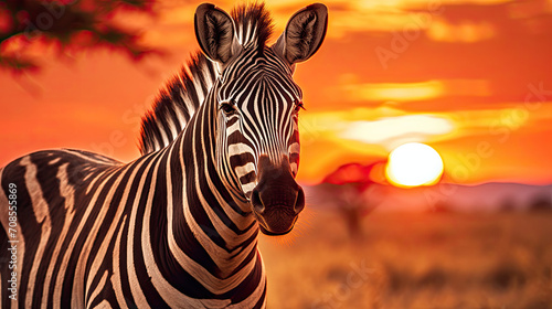 African zebra animal at beautiful orange sunset on vast grassland in the wild nature of Tanzania African National Park created with Generative AI Technology