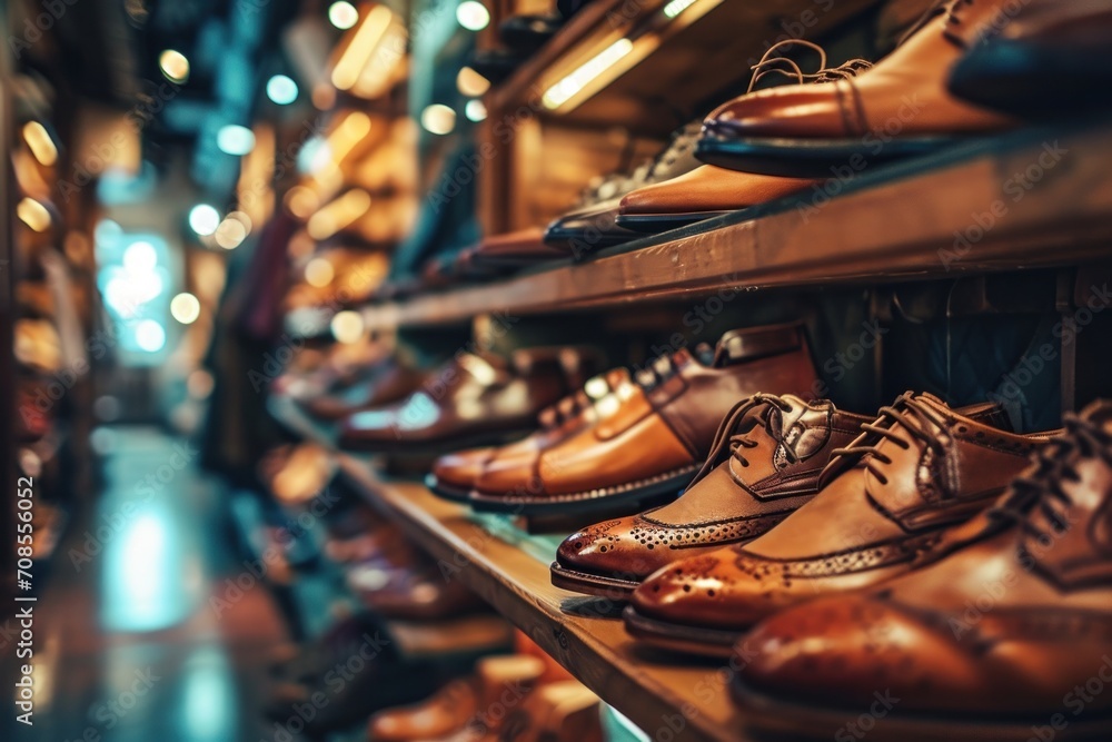 A stylish shoe store with well-organized shelves displaying a fashionable collection of leather shoes. - obrazy, fototapety, plakaty 