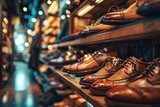 A stylish shoe store with well-organized shelves displaying a fashionable collection of leather shoes.
