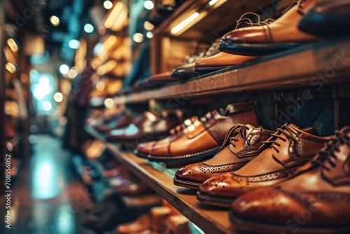 A stylish shoe store with well-organized shelves displaying a fashionable collection of leather shoes. photo