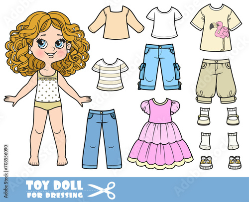Cartoon girl with curle haired and clothes separately - casual dress, shorts, shirts and sandals doll for dressing