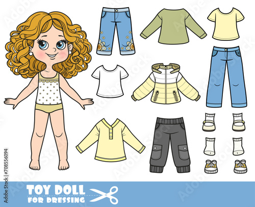 Cartoon girl with curle haired and clothes separately - jacket, shorts, shirts, jeans and sandals doll for dressing