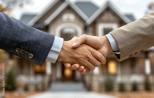 A pair of professionals shake hands while presenting a house sealing a successful real estate transaction, accountability concept