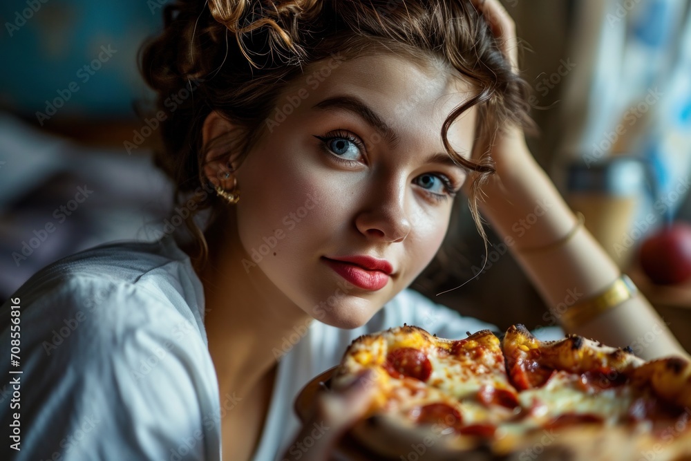 A young woman enjoys delicious pizza at home, demonstrating a relaxed and carefree lifestyle. A young woman enjoys delicious pizza at home, demonstrating a relaxed and carefree lifestyle.