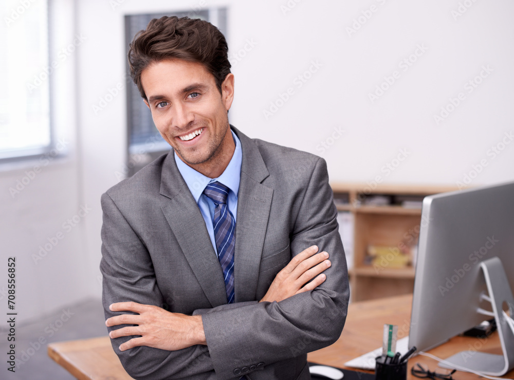Portrait of happy businessman at desk with smile, arms crossed and career in legal inspection at law firm. Confident attorney, lawyer or business man with office job as quality assurance professional Portrait of happy businessman at desk with smile, arms crossed and career in legal inspection at law firm. Confident attorney, lawyer or business man with office job as quality assurance professional