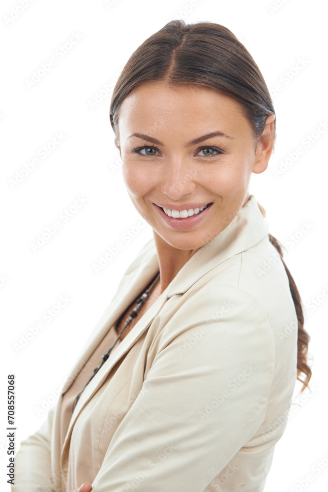 Business, corporate and portrait of woman on a white background with pride, confidence and ambition. Professional, crossed arms and face of isolated worker for career, job and opportunity in studio