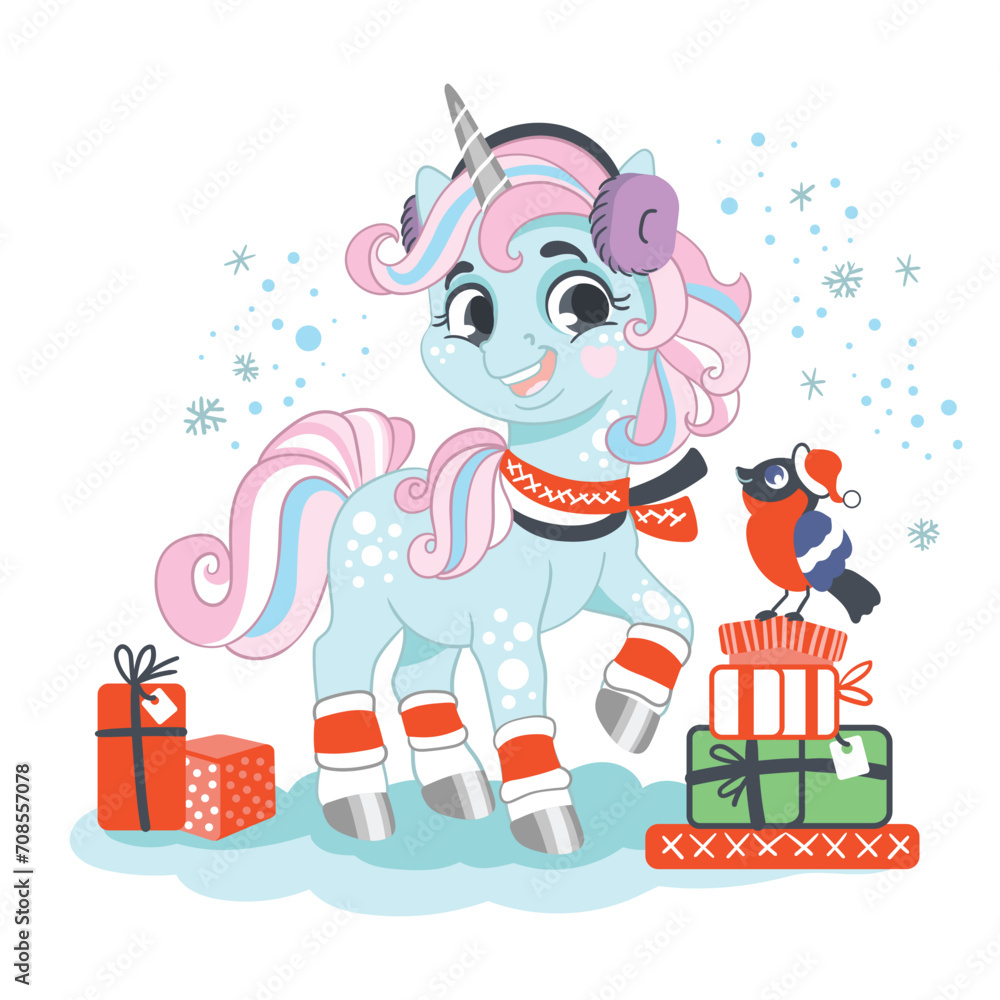 Naklejka premium Cute cartoon Christmas unicorn vector illustration