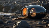 Black glossy tiny house in black desert on beach, capsule round form, sunny day, stones, dark style