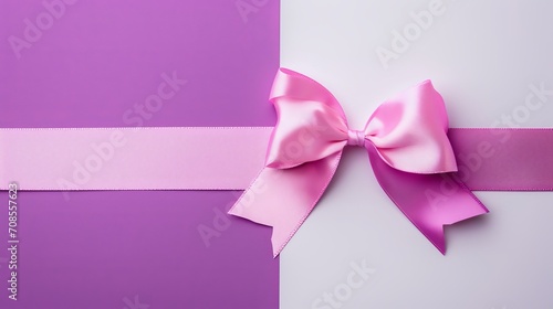 Pink Ribbon With Bow on Purple and White Background