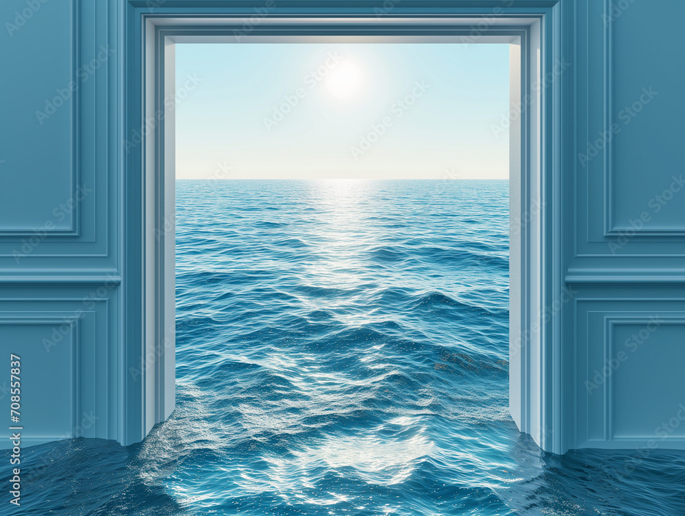 3d illustration blank frame on ocean under the blue sky.