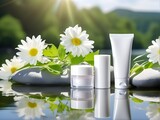 cosmetic cream container and cream tube mockup product photograph in white color, Nature background with river and white chamomile daisy flowers decorations, bokeh effect in lighting