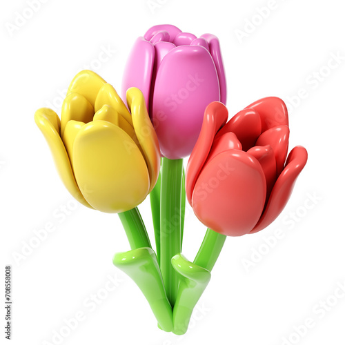 3d Tulip Flower Bouquet in Cartoon Style for Decoration Spring. Love Valentine romantic design Isolated on White Background illustration #708558008