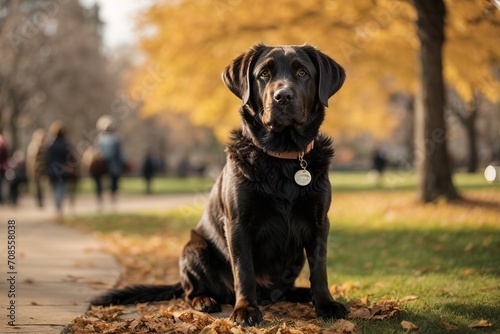 Perro labrador retriever de pelaje oscuro, echado, en un parque en una ciudad © Jomizu