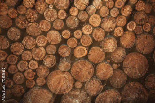 Many wooden logs with concentric growth rings  natural texture background for the timber industry. Dry wood material. Pronounced sun rays of light