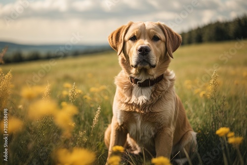 Perro labrador retriever, sentado y alerta, en una pradera en el campo photo