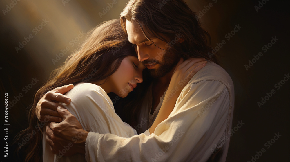 Powerful image of Jesus comforting the mourning, emanating empathy and solace. A poignant portrayal of compassion and spiritual support. Powerful image of Jesus comforting the mourning, emanating empathy and solace. A poignant portrayal of compassion and spiritual support.