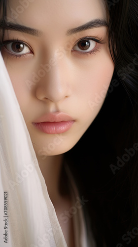 close-up portrait of a beautiful  glamour Japanese geisha woman with brown eyes  fair smooth skin  natural makeup  and long flowing black hair created with Generative AI Technology