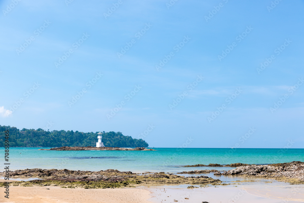 A Lighthouse on the beautiful beach with blue sky in Khao Lak, a destination of tourist in  Phang-Nga province, Southern of Thailand