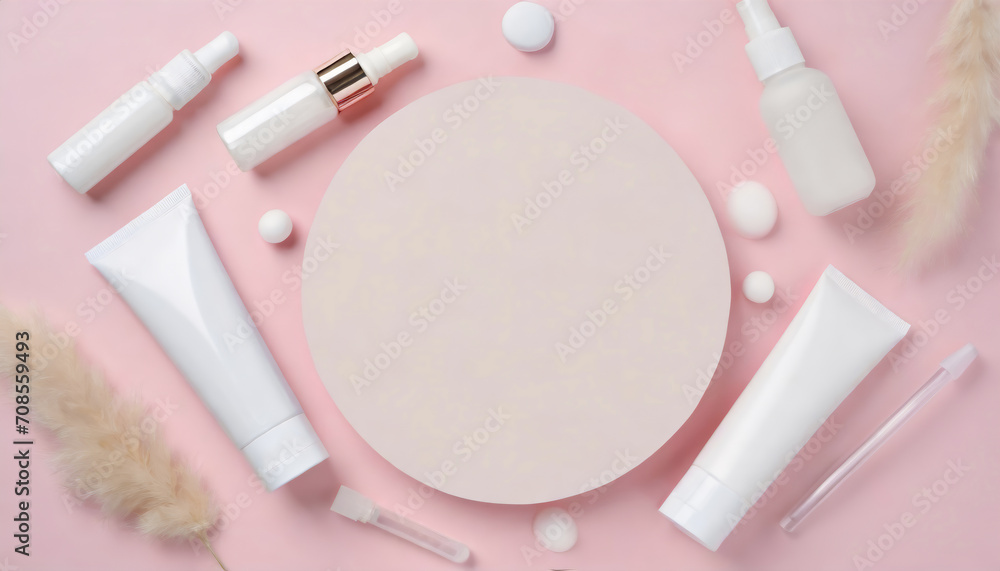 Top view of pipette, cream bottles and tubes with empty circle for text