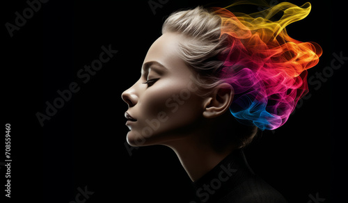 A woman with colored smoke in her hair represents the rise of consciousness.