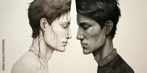 An artwork of a man and woman facing each other symbolizes a relationship breaking apart.