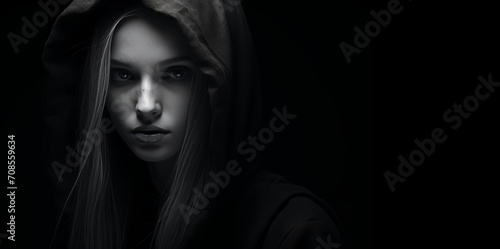 A woman in a dark hooded cloak is depicted in a monochrome portrait, symbolizing enigma.