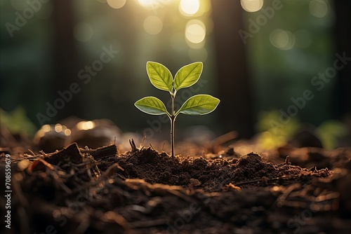 Young green plant in the forest, in the style of nature-inspired imagery, verdadism, earthcore, konica big mini, environmental awareness, nature scenes, backlight. photo