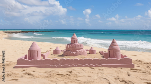 A detailed sandcastle  resembling a kingdom  is positioned on a sandy beach.