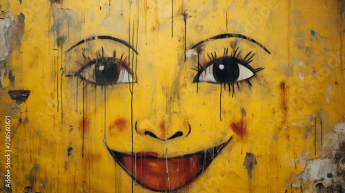 A yellow wall features a painting of a face, expressing joy in a neoexpressionist style.