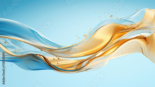 Artistic liquid gold wave curve particles flowing on a sky blue background created with Generative AI Technology  photo