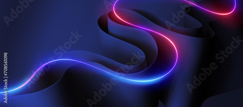3d render. Abstract background of curvy neon line glowing in the dark and folded paper. Modern minimal wallpaper photo
