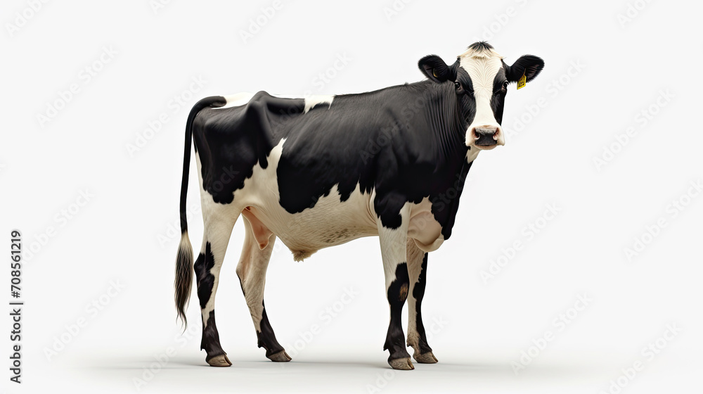 Full body of female cow with black and white spotted udder standing isolated on white background created with Generative AI Technology