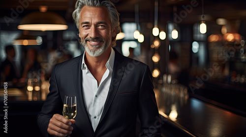 business mature man holding a glass of champagne wine and smiling while standing at the bar with beautiful bokeh light created with Generative AI Technology photo