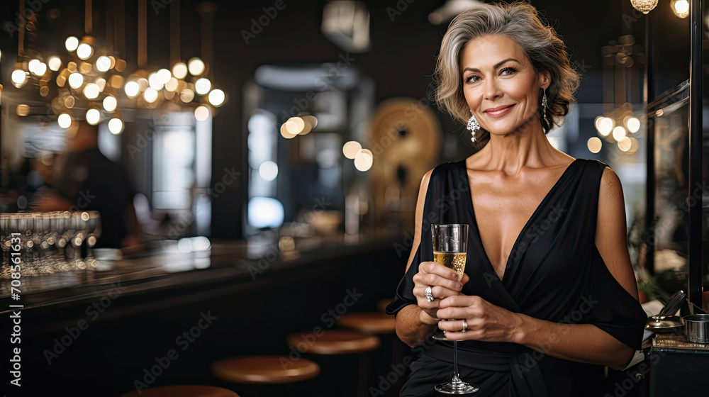 business mature woman holding a glass of champagne wine and smiling while standing at the bar with beautiful bokeh light created with Generative AI Technology