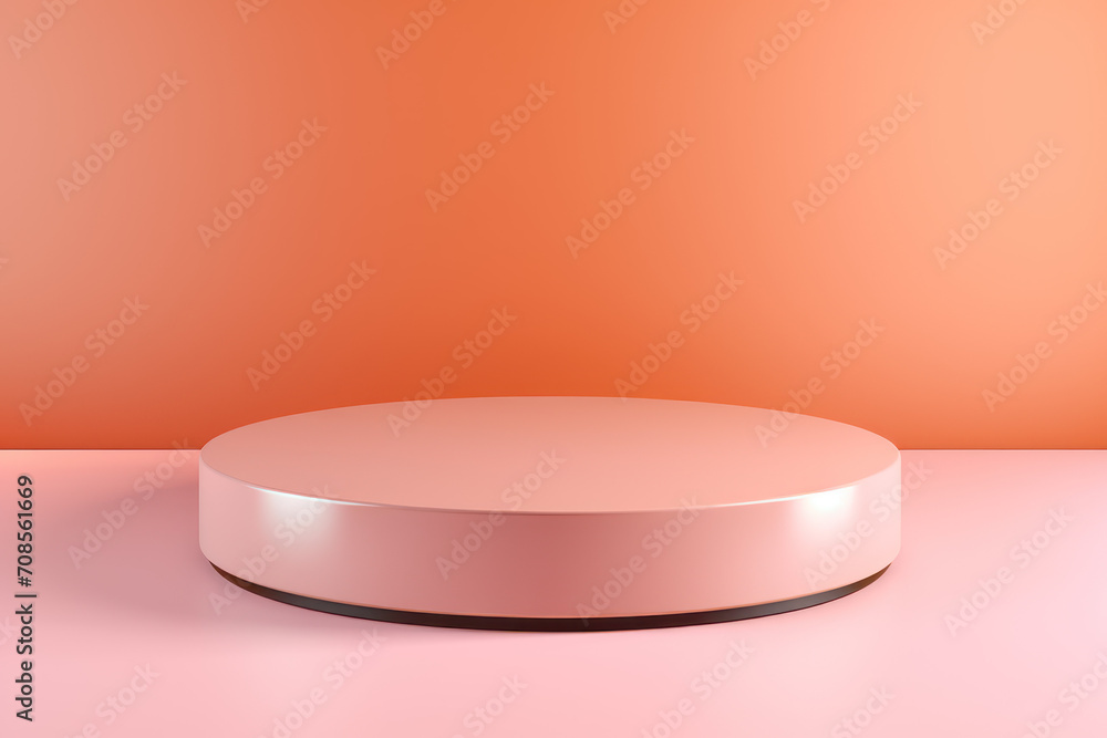 Pastel pink round cosmetic stand on peach color background studio Pastel pink round cosmetic stand on peach color background studio