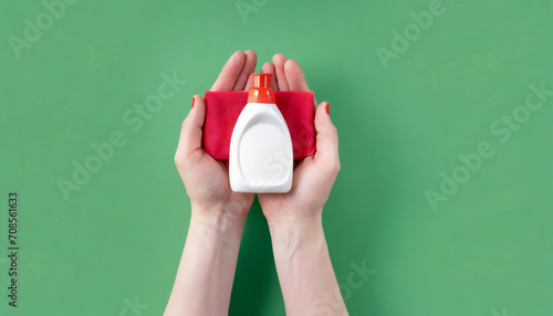 Top view of detergent in hands on green background with copy space photo