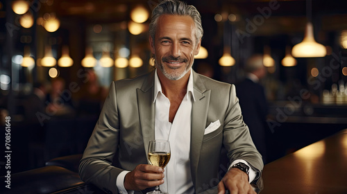 business mature man holding a glass of champagne wine and smiling while standing at the bar with beautiful bokeh light created with Generative AI Technology