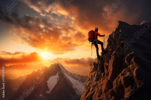 Climber man climbing a large mountain at sunset. The concept of mountain tourism, travel, leadership, on the top. © maximilian_100
