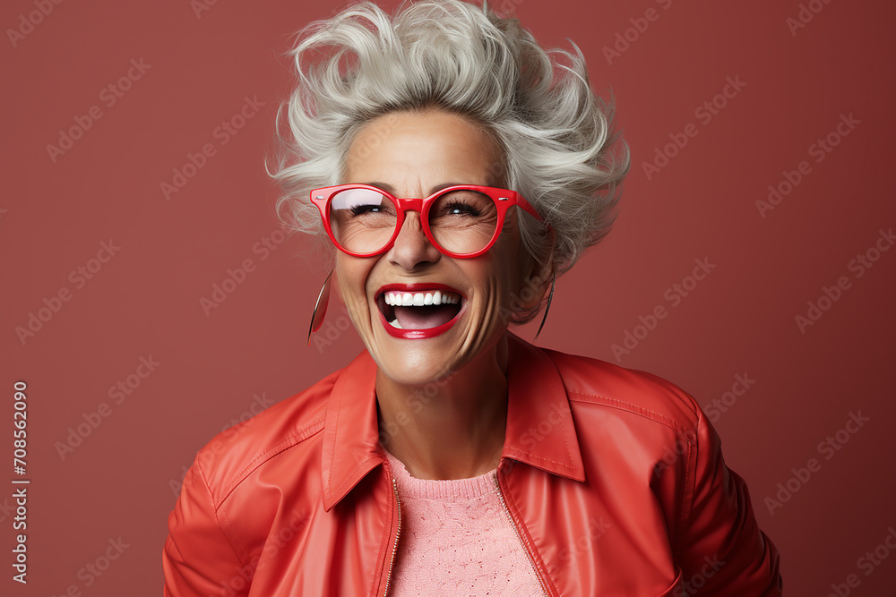 portrait of a modern elderly woman with gray hair and glasses with red frames, red leather jacket, laughs widely, laughs, joyful emotions, bright red and pink colors portrait of a modern elderly woman with gray hair and glasses with red frames, red leather jacket, laughs widely, laughs, joyful emotions, bright red and pink colors