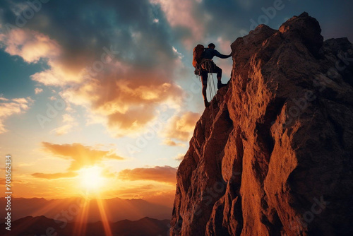 Climber man climbing a large mountain at sunset. The concept of mountain tourism, travel, leadership, on the top.