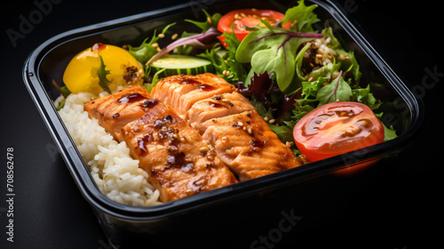 Lunch box containers with grilled salmon fish