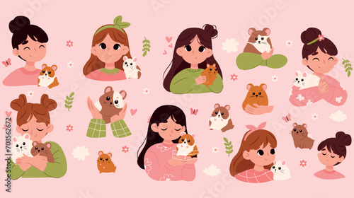 Fototapeta Naklejka Na Ścianę i Meble -  Set of cute girls and their pet. Vector illustration in cartoon style. girls with hamsters. pets