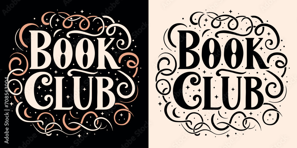 Book club lettering round badge fantasy romance reader event. Dark academia witchy celestial magic romantasy books aesthetic. Vector printable text logo for reading squad shirt design and accessories. - obrazy, fototapety, plakaty 
