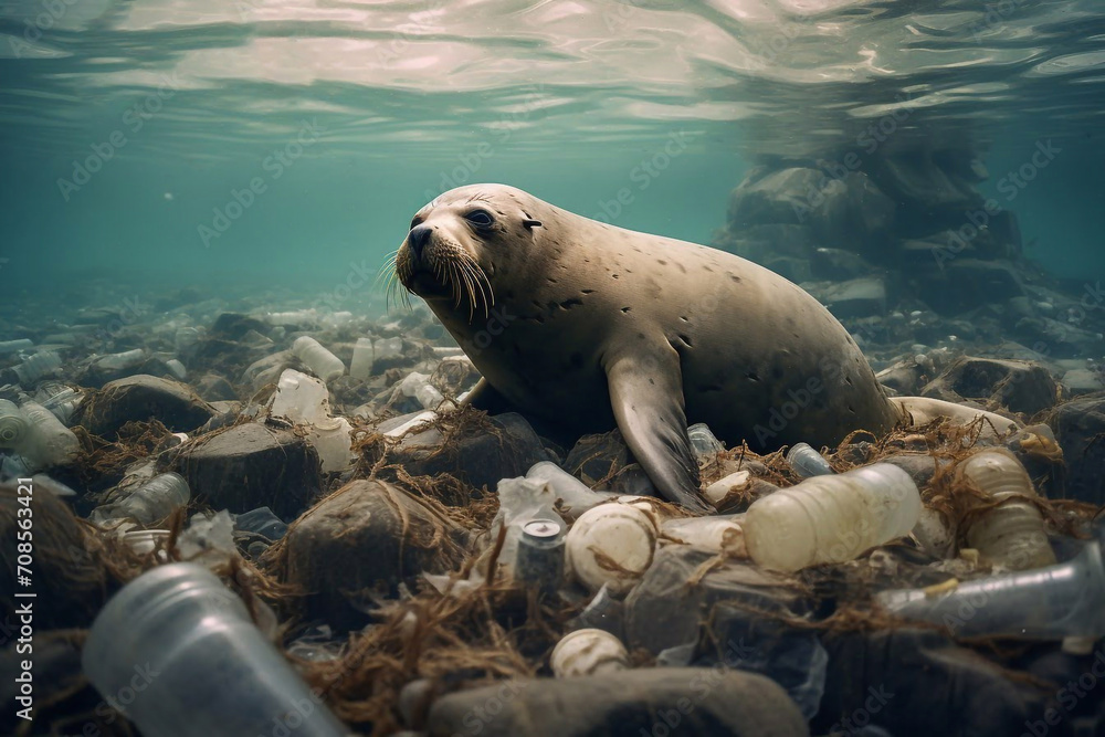Fototapeta premium Navy seal with plastic garbage. Ocean plastic pollution. Ecological catatsrophe 